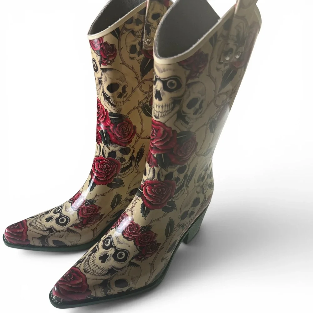 Goth Cowgirl Nomad Western Size 7 Skull Rose Rubber Rain Boots Womens Punk Green